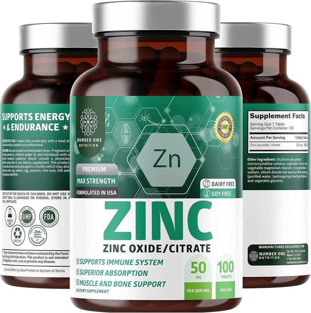 N1N Premium Cynk 50mg [3X Wchłanianie, Wegan] All Natural Cynk Oxide and Citrate Supplement for Immune Support, Skin Health and Better Measure, 100 Tablets