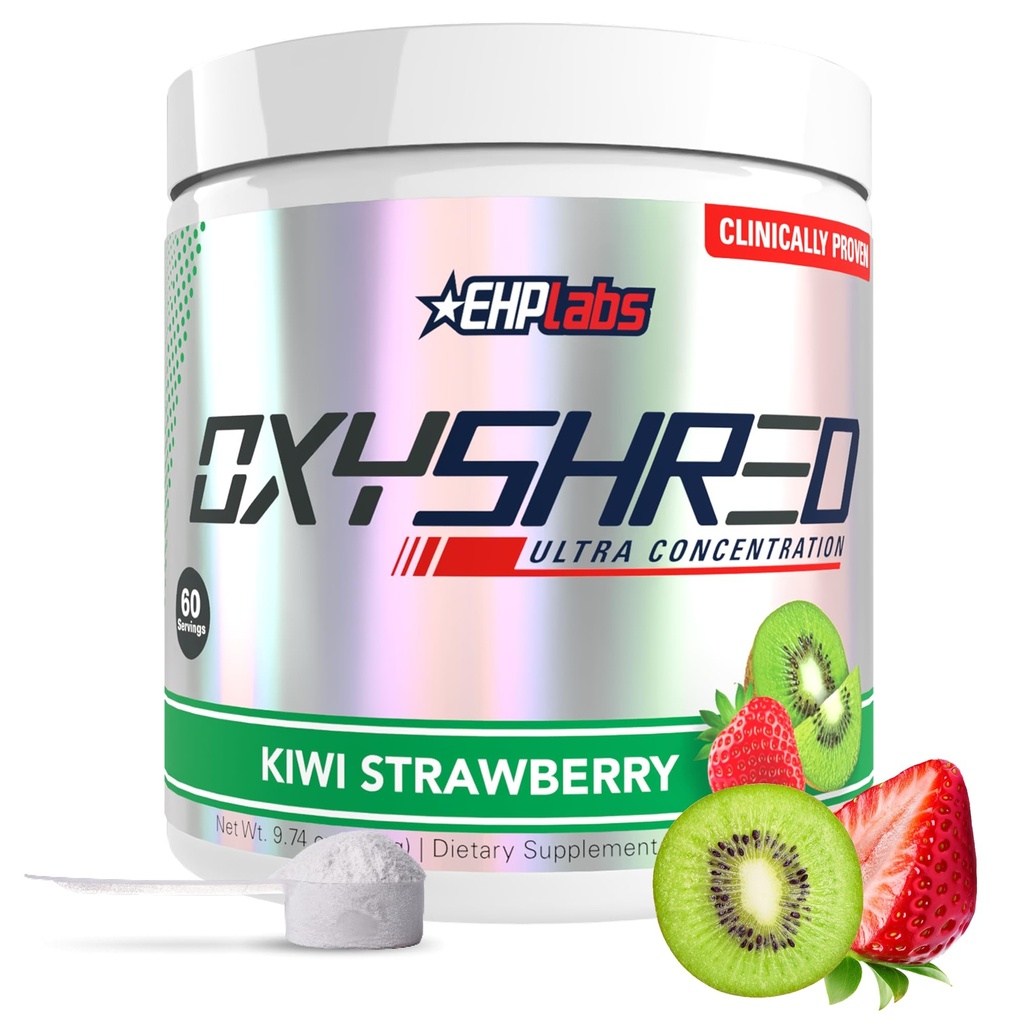 EHP Labs OxyShred PreWorkout Proszek - Proszek do treningu wstępnego z L Glutamina i Acetyl L Karnityna, Energy Boost Drink - Kiwi Truskawka, 60 Służenie