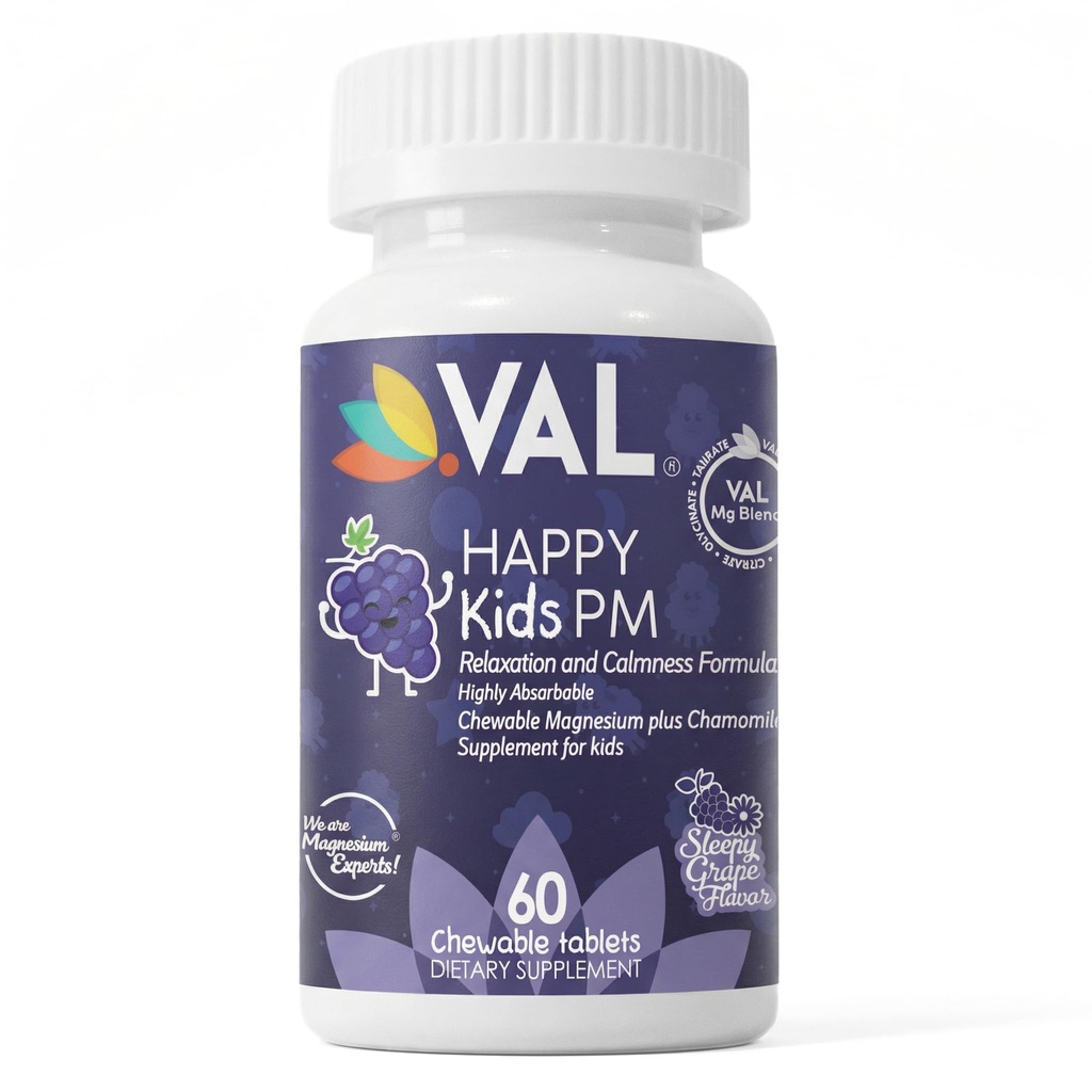 VAL Dzieci PM Magnezu Gummies Yellow 124; Bezcukrowe tabletki do żucia z rumiankiem, Magnezu Glicynian + Cytrynian + Taurate + Witamina B6 & C Yellow 124; Naturalny aromat winogronowy Yellow 124; Sleep & Calm Support Yellow 124; 60 Ct Yellow 124; Wiek 4 +