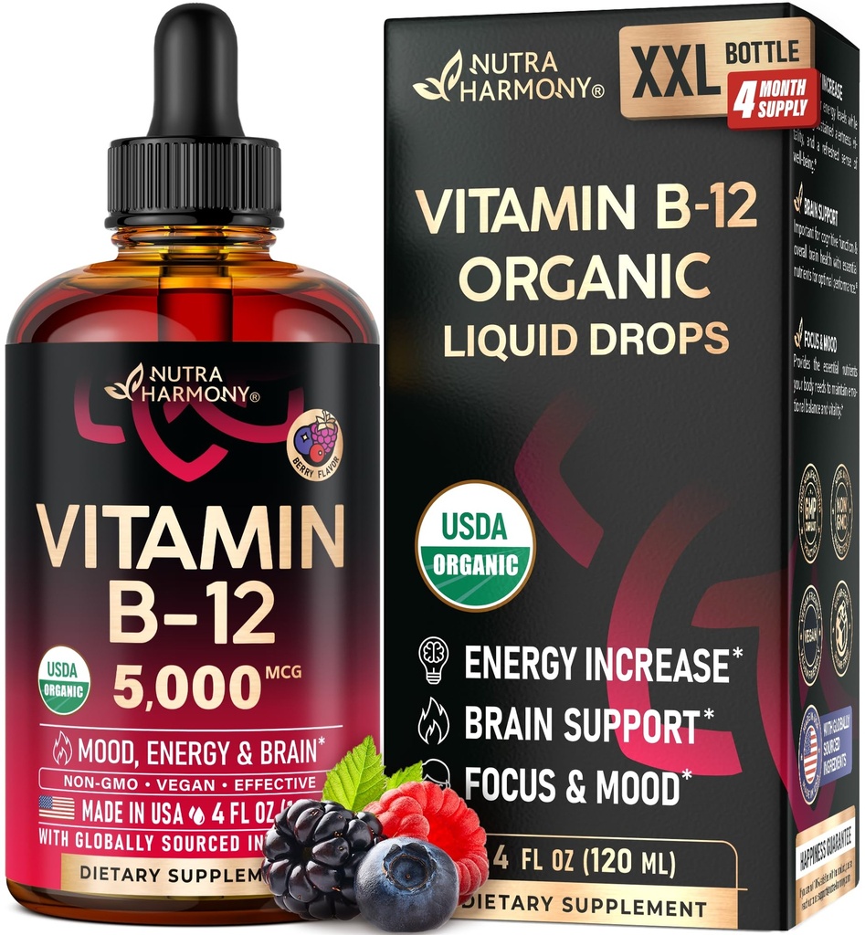 USDA organiczna witamina B12 Podjęzykowe krople - 5000 µg Płynny Wegan Methylcobalamina dla kobiet i mężczyzn - Energy Boost, Focus & Mood, Wsparcie zdrowia mózgu - Maksymalizacja Absorpcji - 4 Miesiące Dostawy, 4 fl Oz
