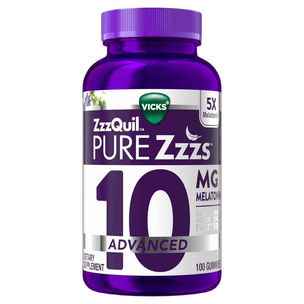ZzzQuil Pure Zzzs Zaawansowane gumki melatoninowe, Melatonina 10 mg, Pomoc senna, z rumianku i lawendy, Melatonina Gummies snu, Pomoc snu dla dorosłych, Berry Flavored, 100 Gummies snu