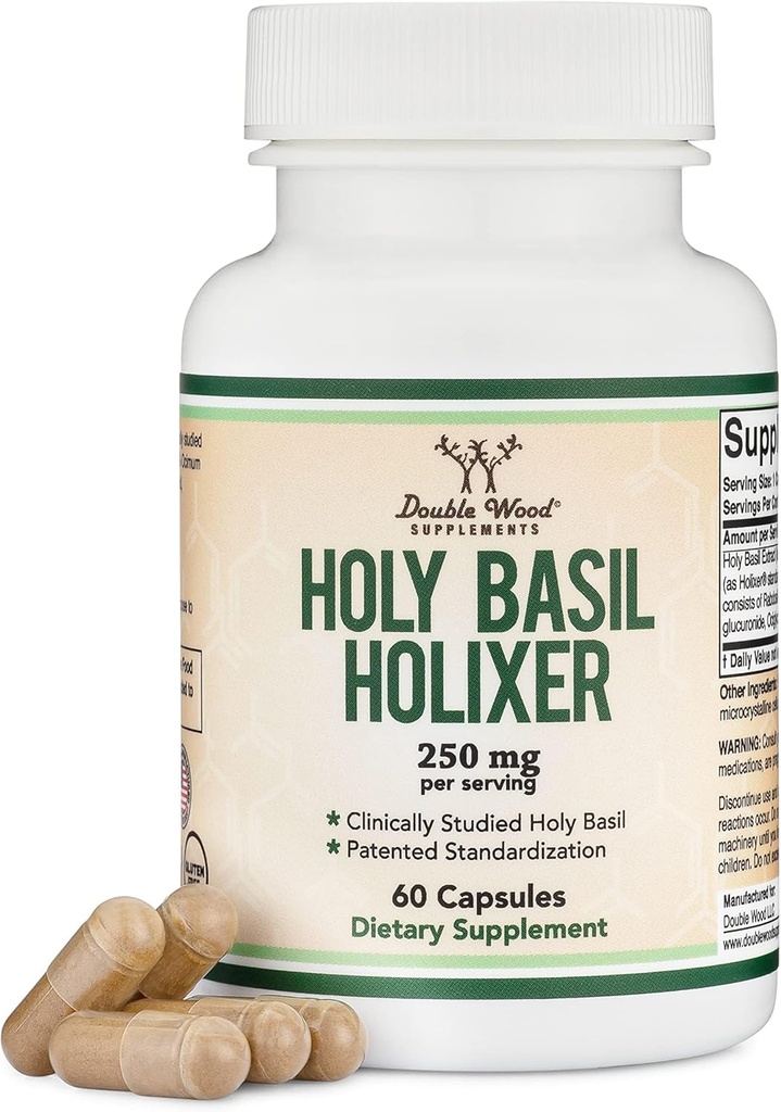 Tulsi Holy Basil kapsułki (Formuła Holixer) - jedyny na świecie klinicznie zbadany Święty Basil Leaf Extract (Klinicznie pokazane wyniki po 60 dniach użytkowania) dla nastroju i relaksacji przez podwójne drewno