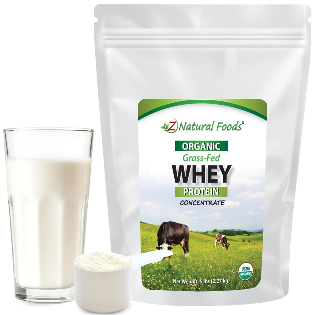 Z Natural Foods Organic Chey Protein Concentrat - Nutricent- Dense Grass Fed Serwatka Protein Powder - Cold Procesed Pure Whey Protein with Esential Amino Acids for Nutrition & Fitness, Unflavored, 5 funtów