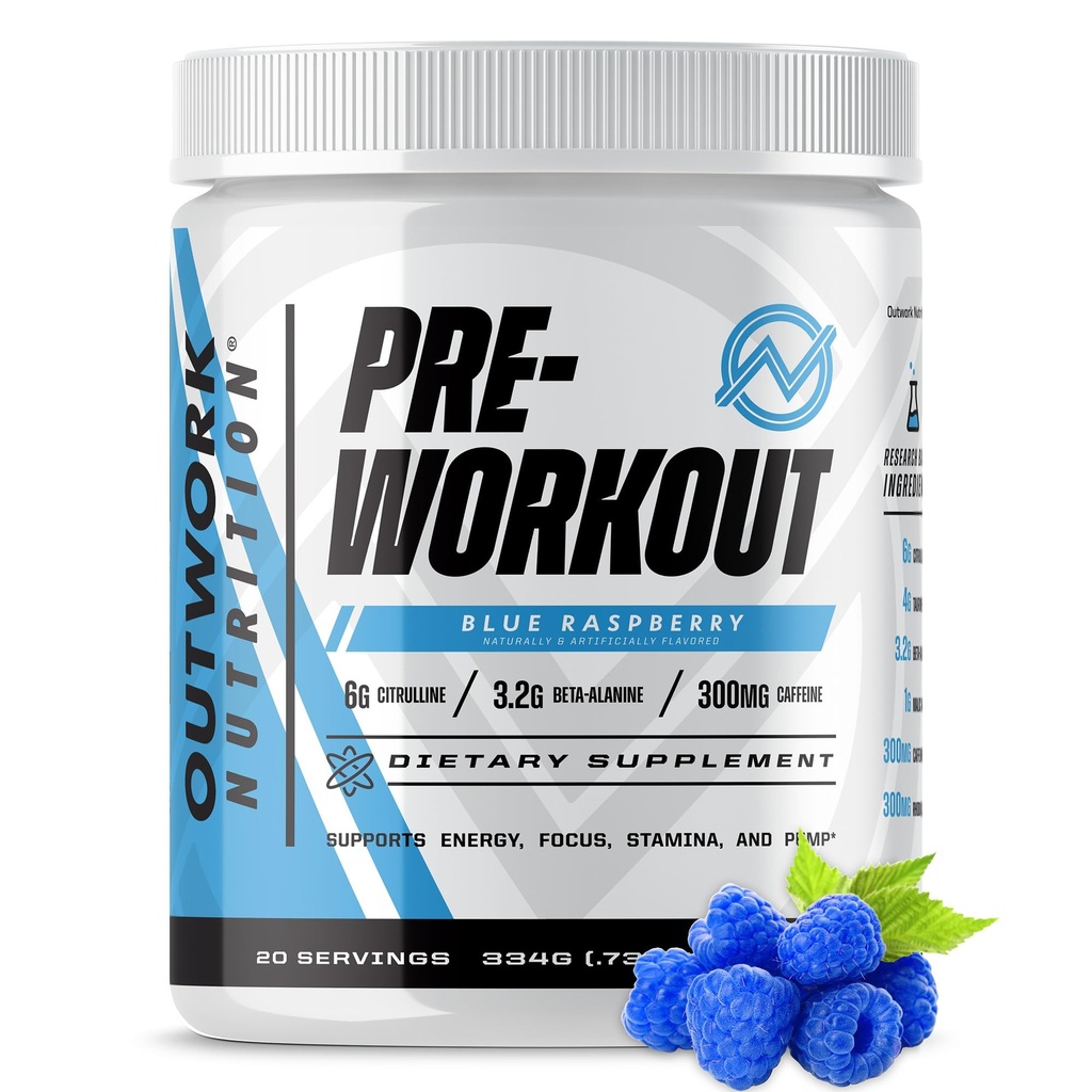 Outwork Nutrition Precuting for Men & Women - Nootropowe wstępne ćwiczenia bez kreatury, Wstępny trening proszku z Tauryne Rhodiola Citruline Malate Beta Alanine Caffeine (Błękitna malina)