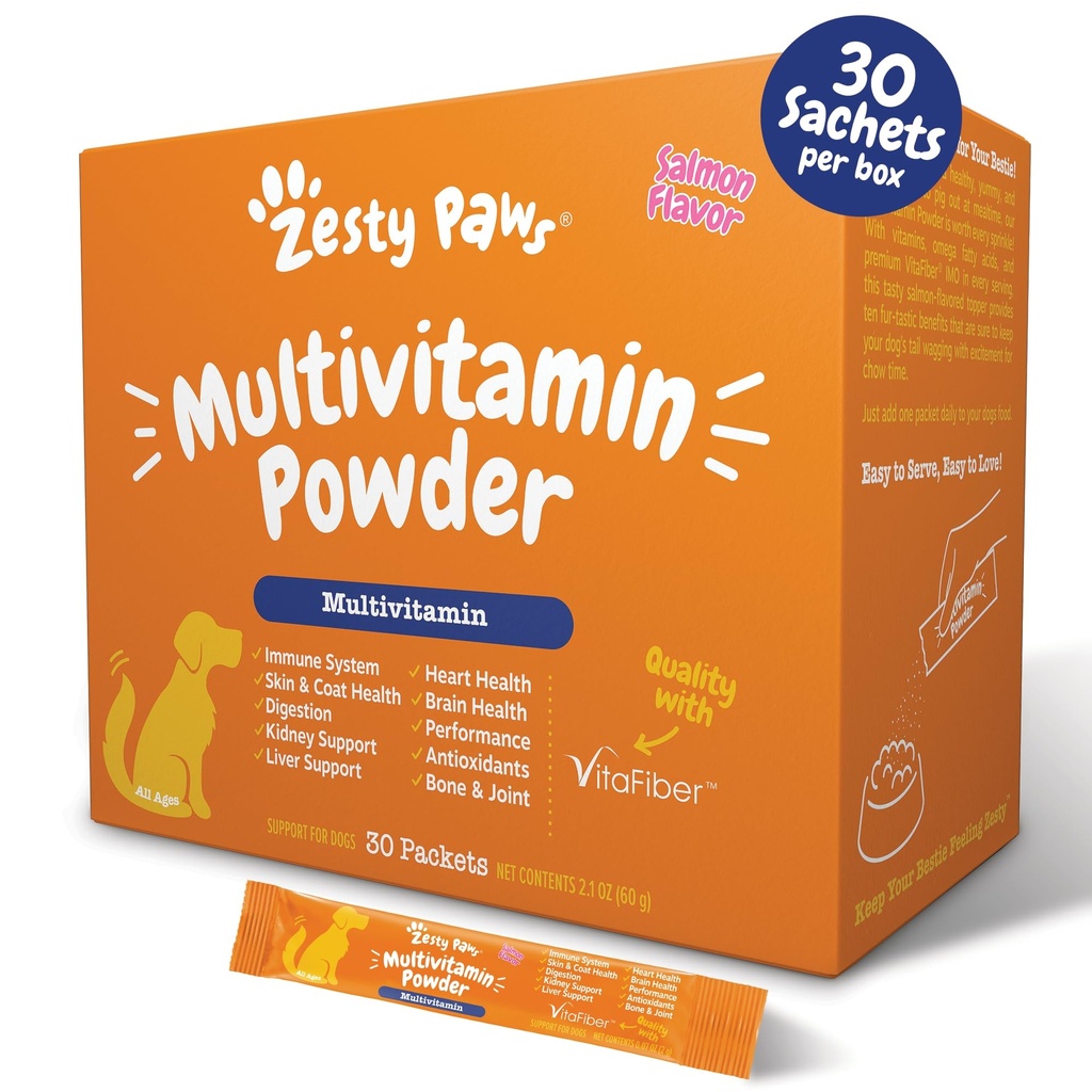 Zesty Łapy 10- in-1 Pies Multivitamin - Gut, Immune, Joint, Skin & Coat Support, i więcej - Pies Witaminy i suplementy Proszek - Pet Suplementy z Omega Fish Oil & VitaFiber - Salmon - 30 Ct