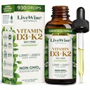 LiveWise Naturals Witamina D3 z K2 Krople płynne, Wszystkie naturalne, Non-GMO, USA Made, 1208 IU Witamina D3 & 25 µg K2, Wspiera zdrowie kości i poziom energii, Infused z Peppermint, Olive, i MCT Oil