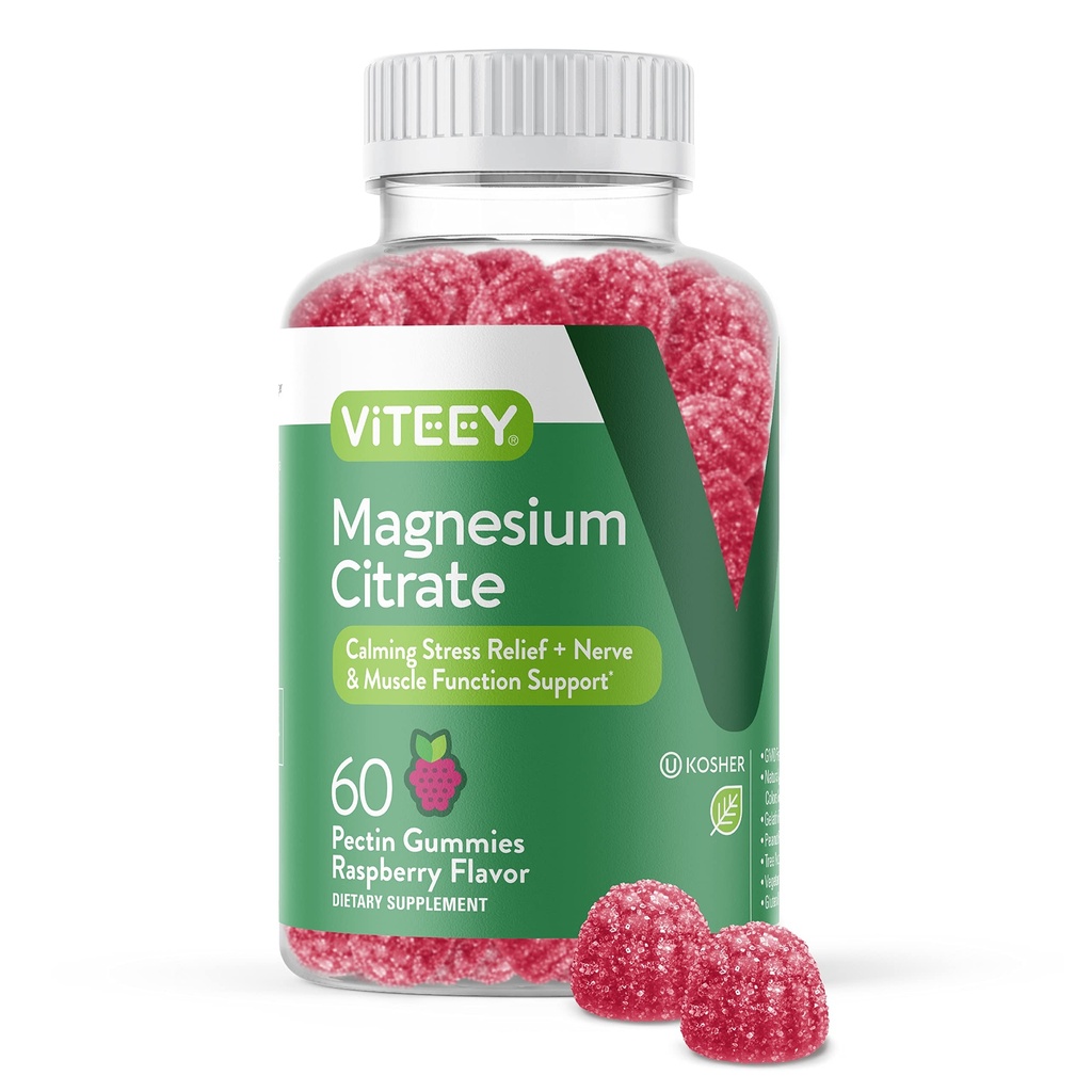 Gummy Magnezu VITEEY dla dorosłych - 66mg Gummy Cytratu magnezu na uspokojenie, sen, Nerwy i mięśnie - Wegetarianin, Gluten Free - 60 Count