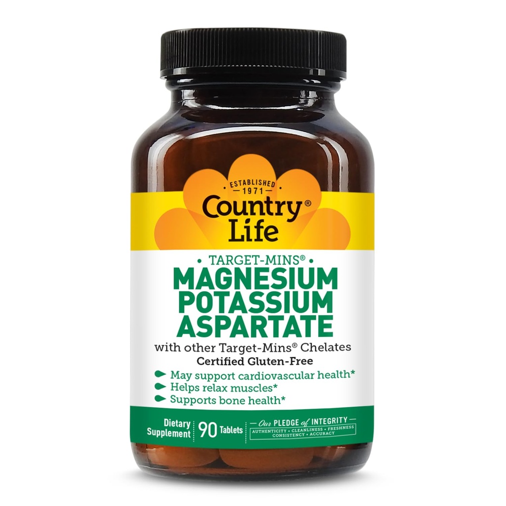 Country Life Target- Mins Magnezu Aspartate potasu, 600mg / 198mg, 90 Tabletki, Certified gluten Free, Certified Vegan
