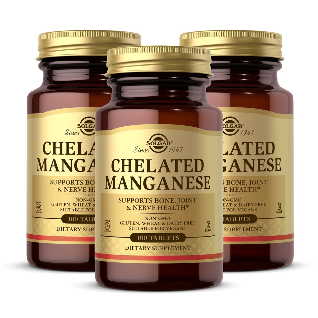 Solgar Chelated Mangan - 100 tabletek, Opakowanie 2 - Wspiera kości, Joint & Nerve Health - Non- GMO, Wegan, Gluten Free, Mleczarnia Free, Kosher - 200 Razem Sługi