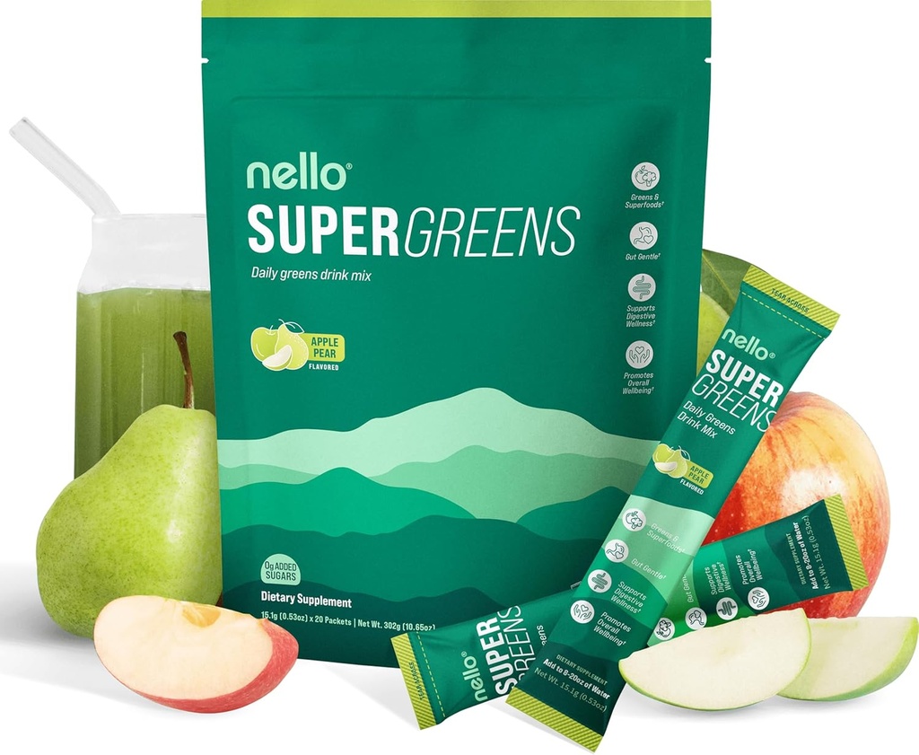 Nello Supergreens Superfood Drink Mix z Chlorella, Moringa, Szpinak, Brokuły, Enzymy trawienne i Probiotyki - Jabłko Pear Flavor, 20 Służenia, Pakiet podróżny