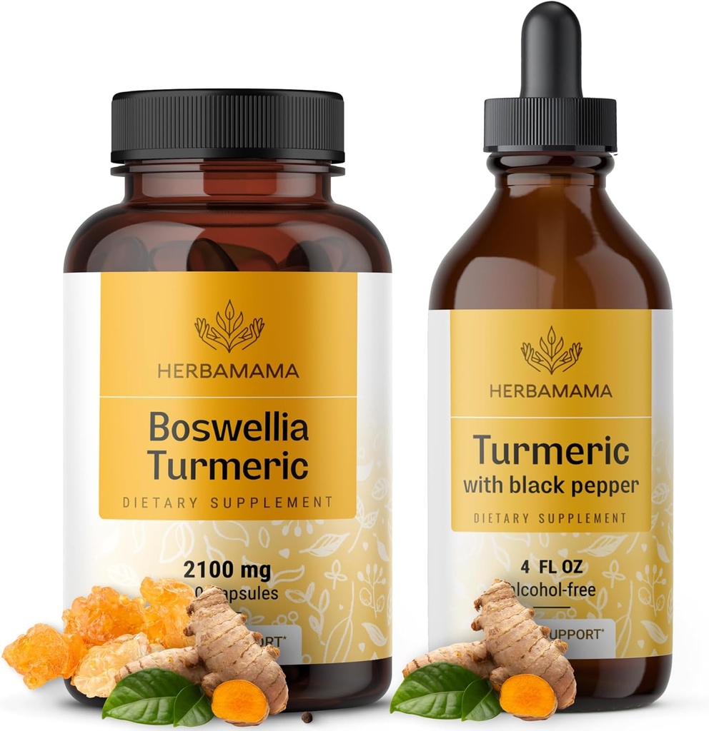 HERBAMAMA Boswellia and Turmeric Kit - Zestaw 2100 mg Boswelli Turmeric & Liquid Turmeric z Black Pepper Tincture 2 fl oz - Wegan, Nie GMO, Cukier i Alkohol - 2 Pack