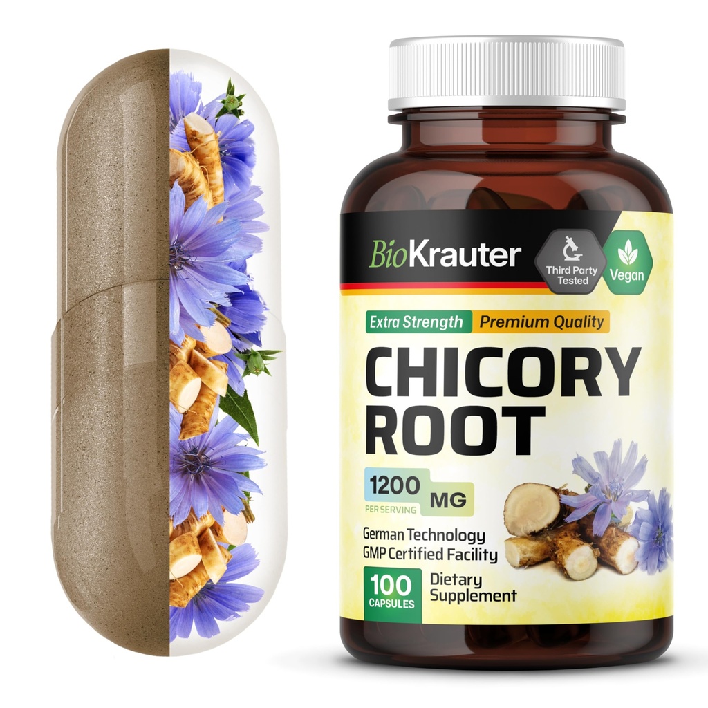 BiO KRAUTER Chicory Fiber Supplement - 1200 mg Siła - 100 Hrabia - Chicory Root Powder - Kapsułki inulinowe do wsparcia pokarmowego - Wegan