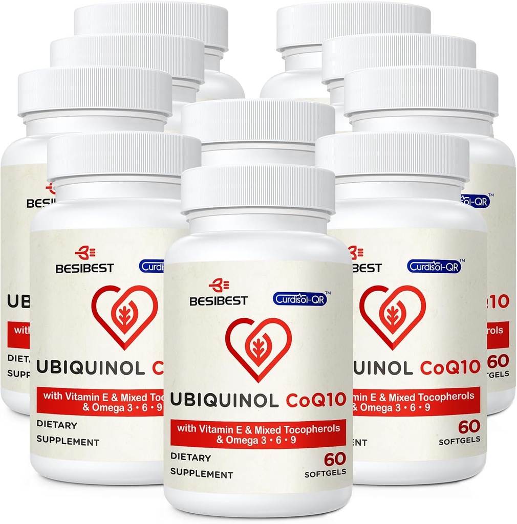 Ubichinol CoQ10- 600mg- Softgel, Active Coq10 Ubichinol Suplement z Witaminą E & Omega 3, 6, 9, Wysokie Absorpcja - Koenzyme- Q10, Potężny przeciwutleniacz do Produkcji Energetycznej, Tested, 600