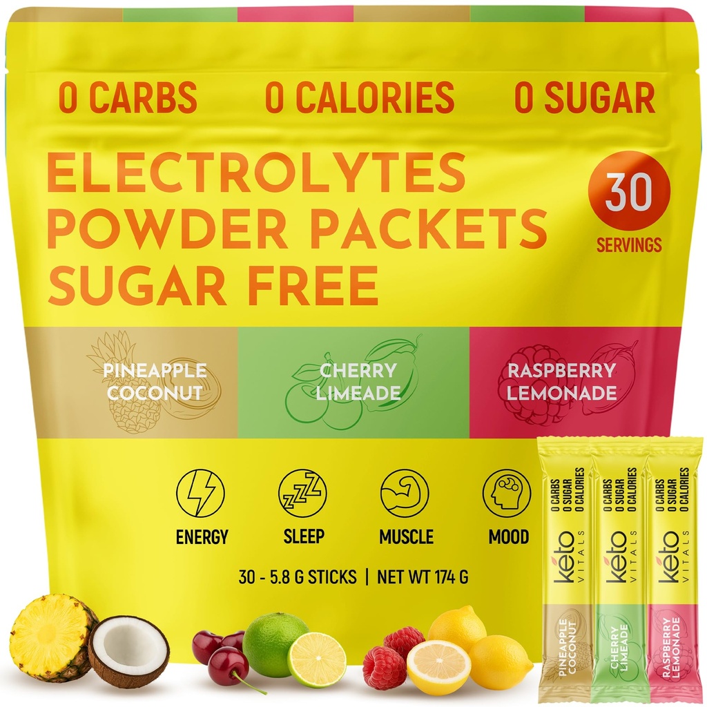 Keto Vitals Tropical Keto Electrolytes proszek bez cukru - Electrolytes z potasu, magnezu, sodu, & Wapń - Sugar Free Electrolyte proszku Pakiety Drink Mix & Hydration proszek, 30 Słupki