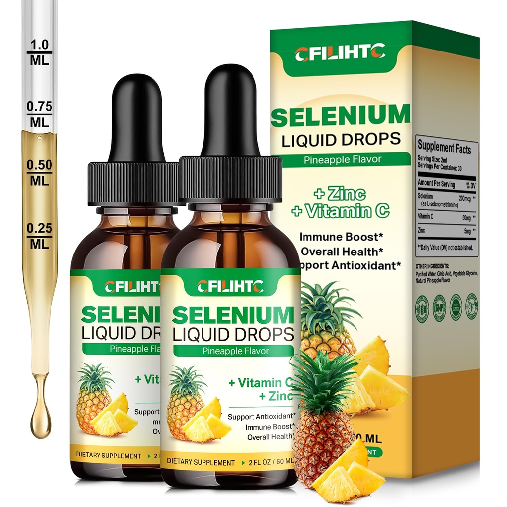 2 Opakowanie Selenium krople płynne, 200mcg Płynny suplement selenu z witaminą C i cynku, Wsparcie dla układu immunologicznego, Przeciwutleniacz i Heart Health, Wysoka absorpcja, Aromat ananasowy