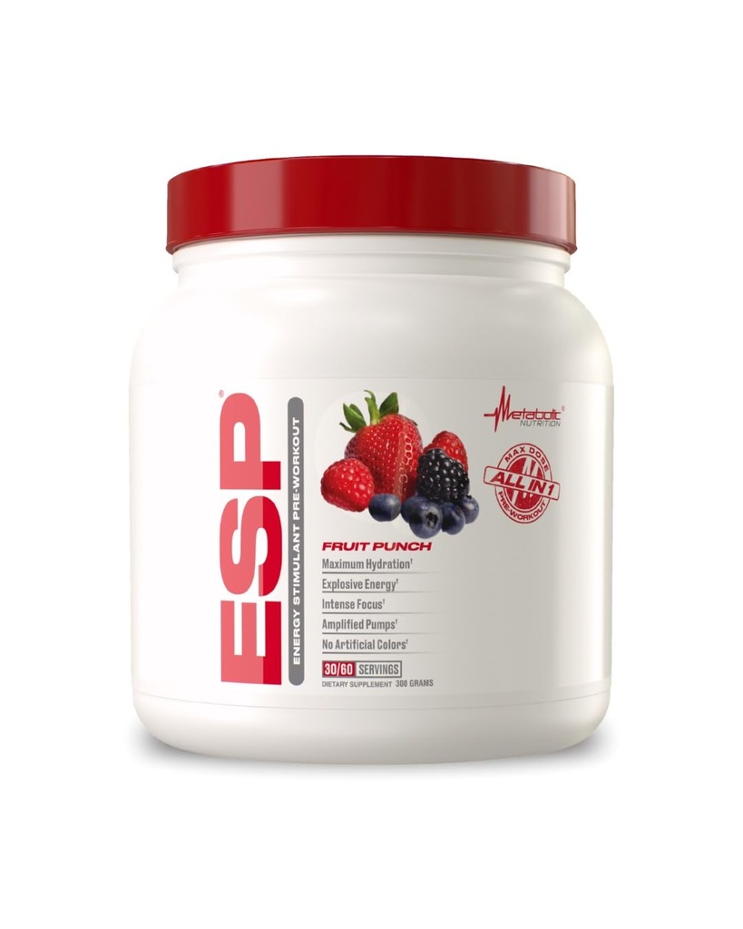 Metaboliczne odżywianie, ESP, Energia i Endurance Stymulowanie przed treningiem, Trening przed intra, Wysoka energia i koncentracja psychiczna, Stymulowanie Trening Suplement, Owoce Punch, 300 Grams (90 Służenie)