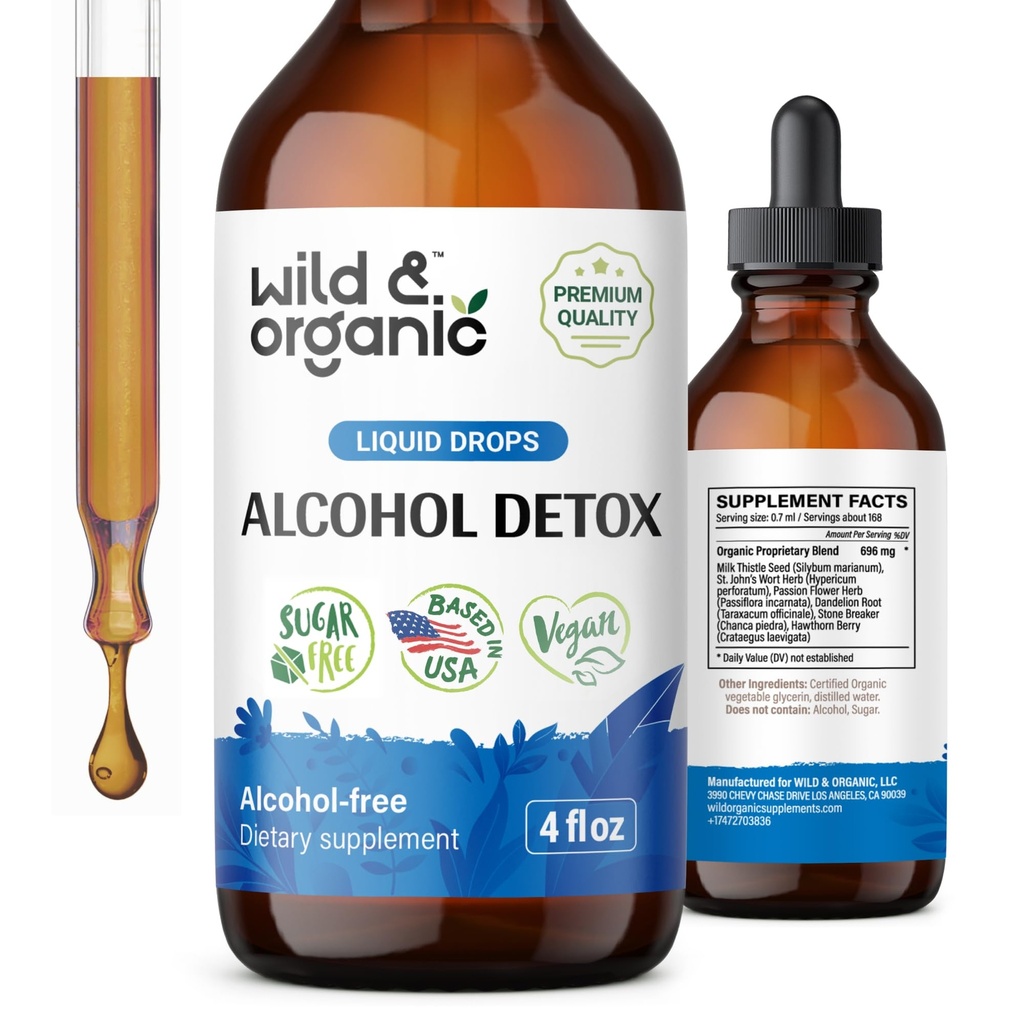 Wild & Organic Alcohol Detox Drops - Liver & Kidney Cleanse with Milk Thistle, Chanca Piedra Stone Breaker - Anti Alcohol Complex for Liver Cleanse Detox - Vegan, No Sugar & Additives - 4 fl oz