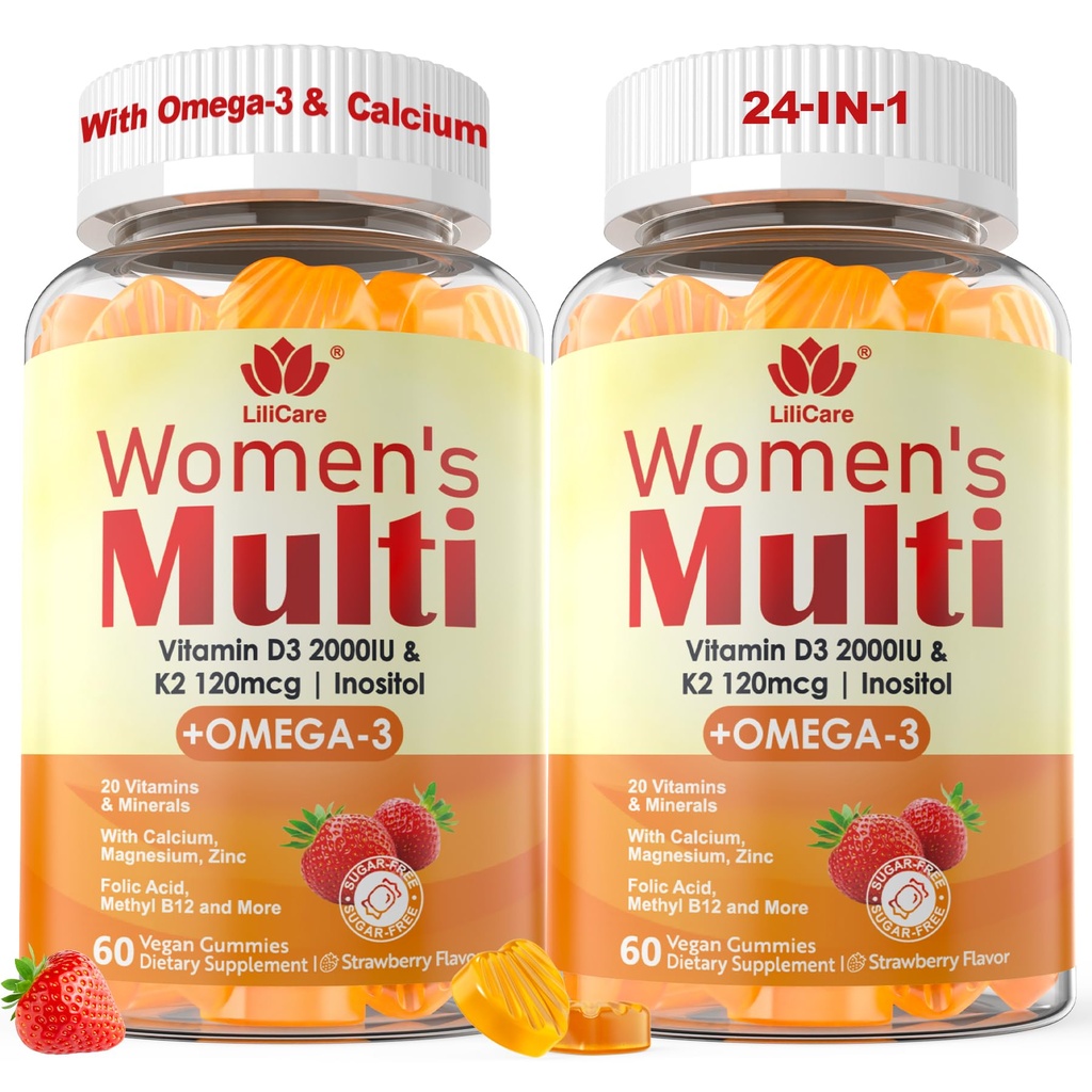 Womens Multivitamin Gummy z Omega 3 DHA / EPA), Witamina D3 K2, Wapń, Inozytol, Daily Womens Witamina A C E B Complex, L- MetylFolate, Metyl B12, Metylowane Minerały niezawierające cukru, 120Cts