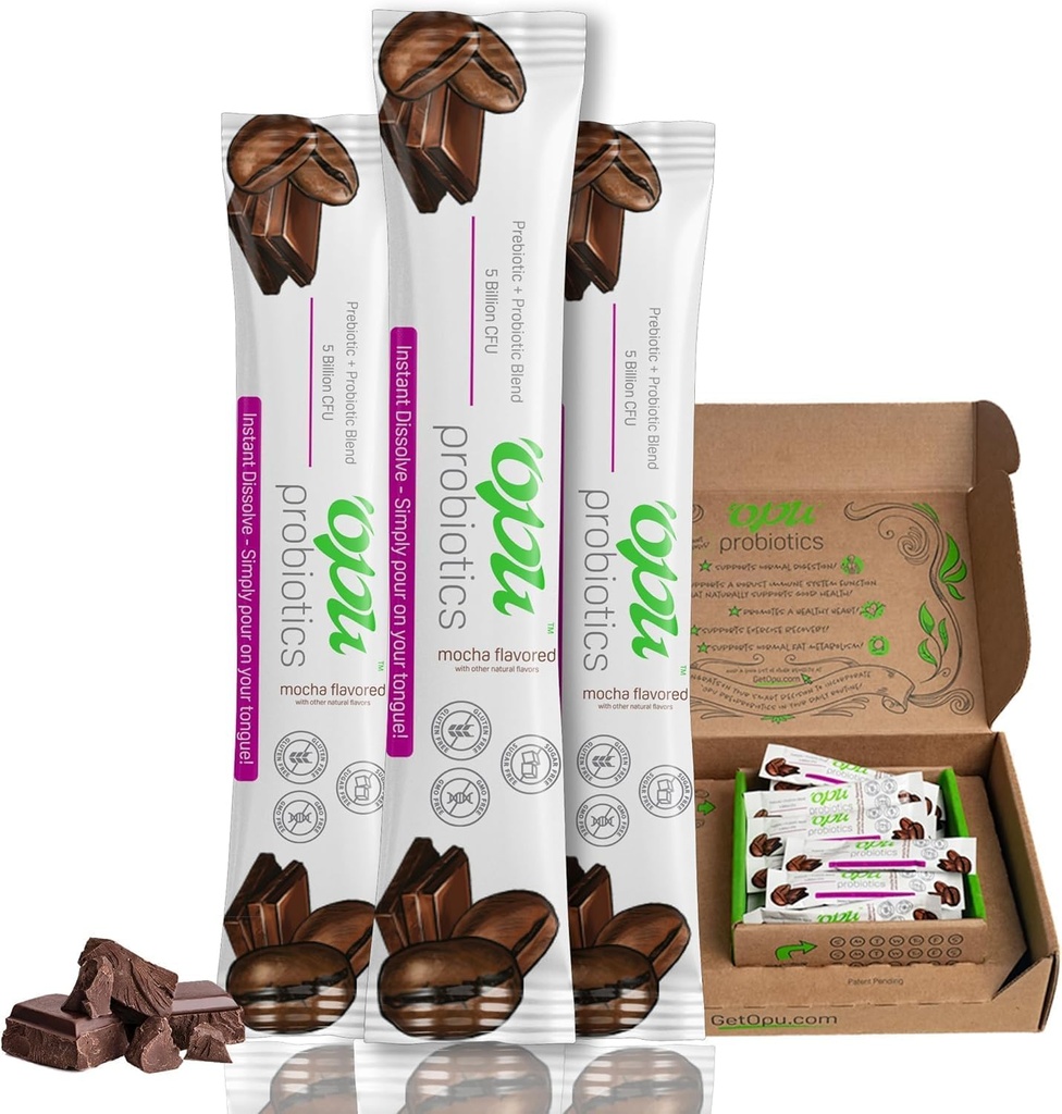 "Opu Probiotyka Mocha-Rozpuścić - One Month Supply - 5 Miliard CFU 's - Mężczyźni, Kobiety i Dzieci w / Prebiotyka Cukru Free, Gluten Free, Nie GMO