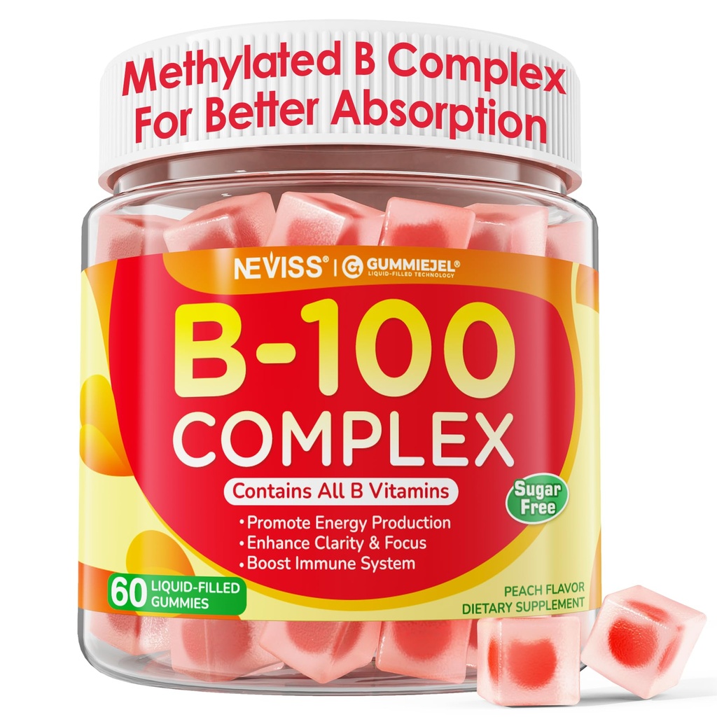 Super Witamina B Kompleksowe Gumie - Wszystkie witaminy B Włączając Methyl B12, B1, B2, B3, B5, B6, Biotin, Methylfolate z Witaminą C, Cholina, Inozytol, PABA for Energy, Mózg i Wsparcie immunologiczne, Bez cukru