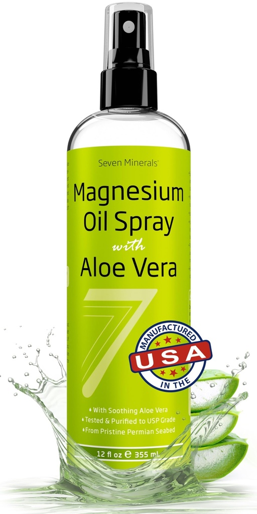 Seven Minerals Pure Magnesium Oil Spray with Aloe Vera 12oz - Pharmaceutical (USP) Grade, Highest Strength with Instant Relief for Feet, Sleep, Muscle Pain & Cramps - Mined in The USA