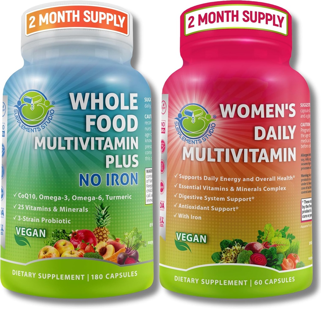 UZUPEŁNIANIE STUDIO Kompleksowe wsparcie wielosystemowe dla kobiet Duo - Całość żywności Multiwitamina Bez Żelazka + Daily Multivitamine dla kobiet z Żelazkiem - Wegan, Non-GMO, Czyste Codzienne Wsparcie Wellness