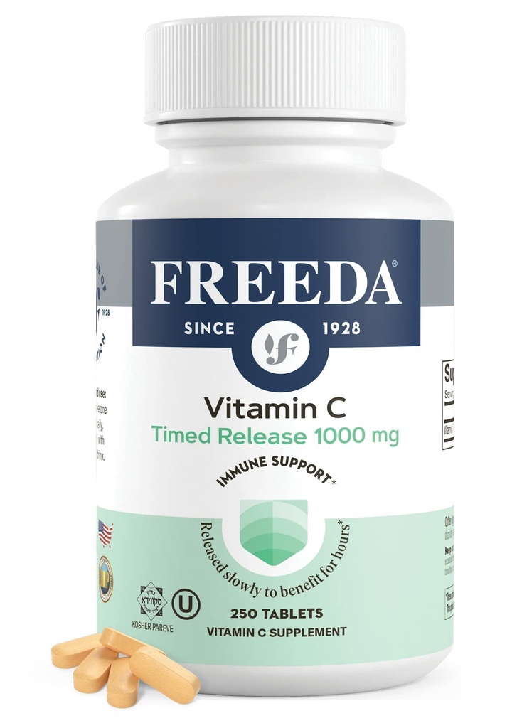 Witamina C FREEDA - Zmierzone uwalnianie 1000mg - Slow- Release dla All- Day Immune & Antioksydant Support, Delikatność na stomach, Kosher & Vegan, Wysokiej Absorpcji Tabletki (250 Tabletki)
