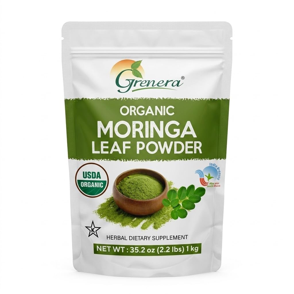 Grenera Organic Moringa Powder - 2,2 lbs (35,2 oz) < 124; Moringa Oleifera Leaf Powder Lab Tested for Property India 124; Moringa Powder Organic Perfect for Smoothies, Drinks, Herbata & Przepisy > 124; 100% Surowiec z Indii