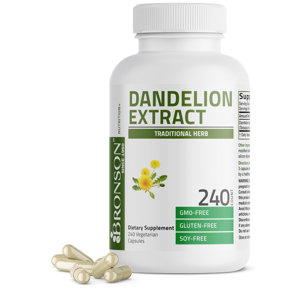 Bronson Dandelion Korzeń wysokiej mocy suplement, Wspiera ogólne dobre zdrowie i dobre samopoczucie, Tradycyjne zioła diuretyczne - Non-GMO, 240 Kapsułki wegetariańskie