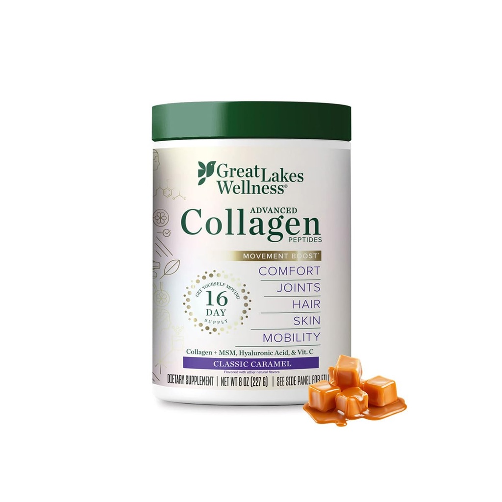 Wielkie Jeziora Wellness Movement Boost Zaawansowany Collagen Peptydes Proszek z MSM, Kwas hialuronowy, Witamina C - Joint Mobility & Comfort - Karmel Flavored - Non-GMO, Keto, Kosher - 8 oz