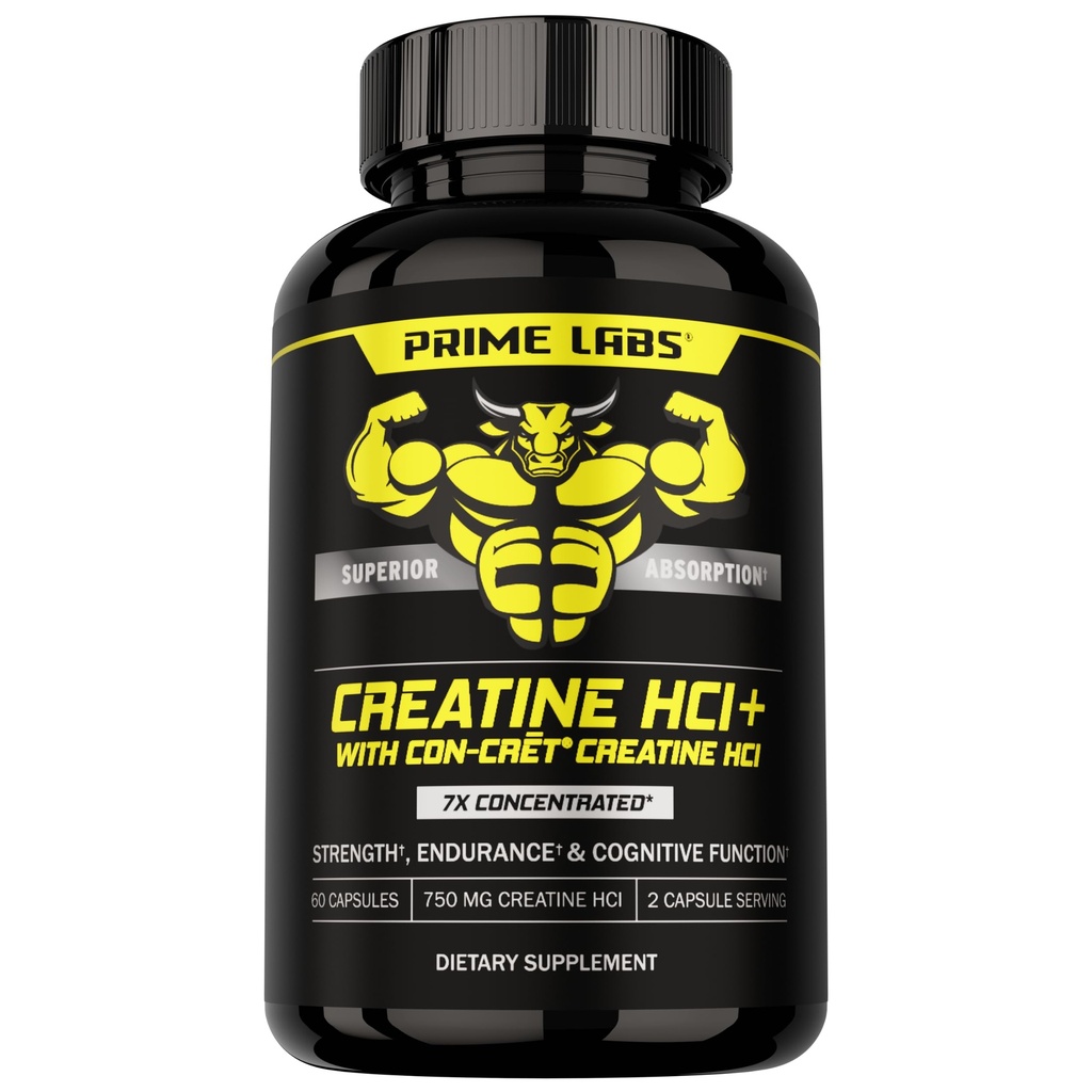 Prime Labs Creaine HCl Kapsułki - z CON- CRUSTE T ®, Rhodiola Root Extract, & L- Theanine - Wsparcie dla mięśni, Endurance, Cognitive Function - dla mężczyzn i kobiet - 60 tabletek