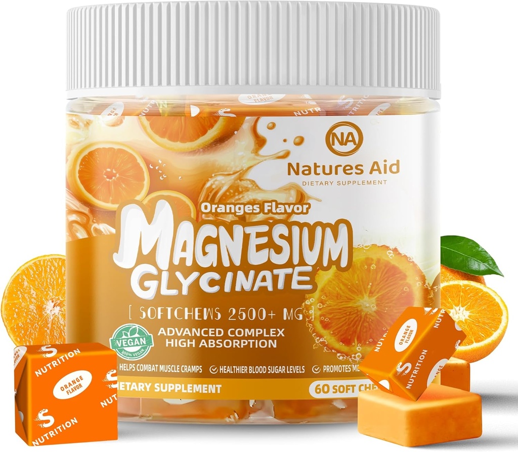 Magnezu Glycinate Soft Chews Supplement, Beztłuszczowy cukier Potasu Magnezu Chews z Magnezu Glycinate, Witamina D, B6, i CoQ10 dla spokojnego wsparcia i snu dla dorosłych, 60 Dni Supply- Orange