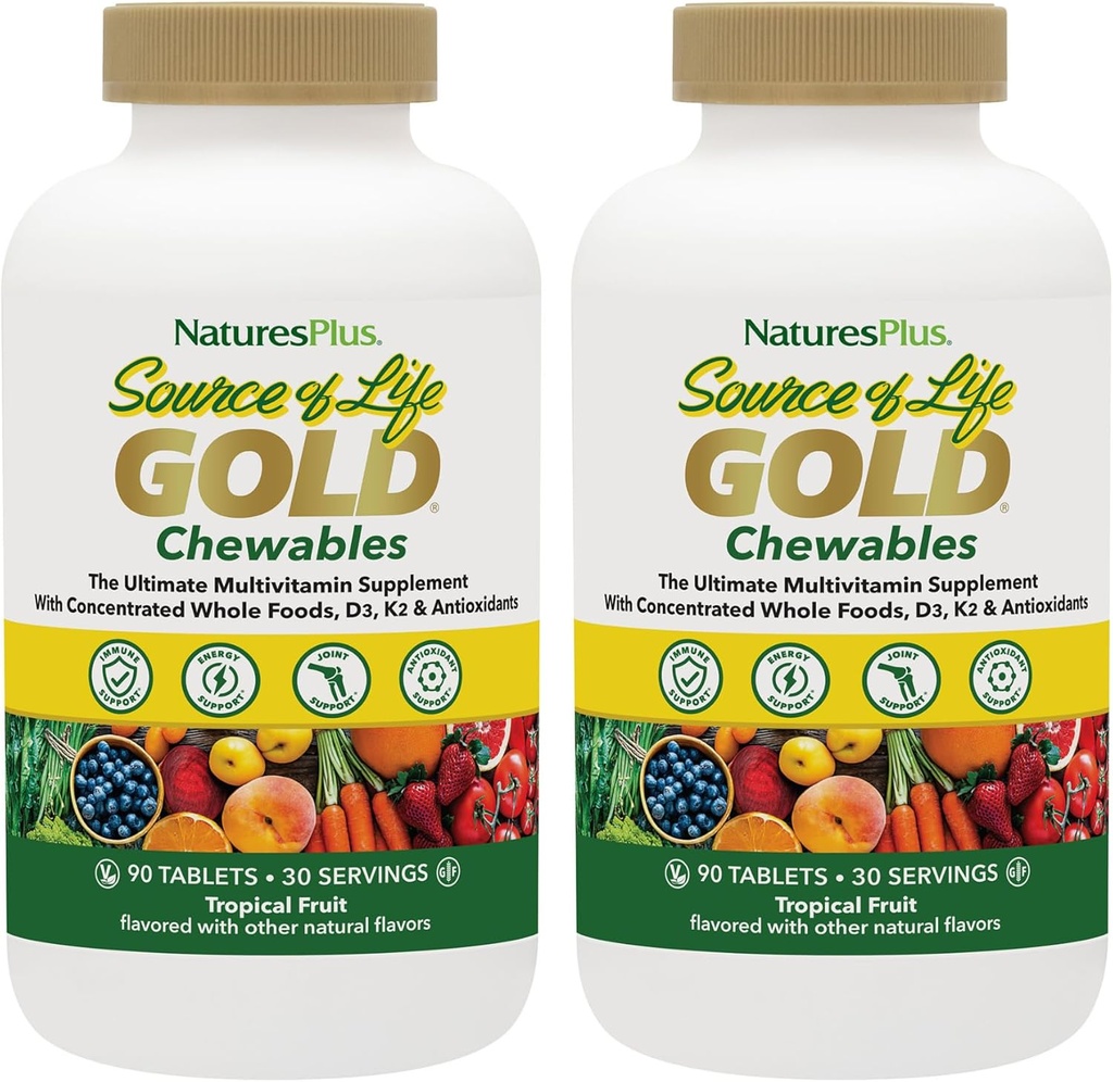 NaturesPlus Źródło życia Gold Multivitamin - 90 Tabletki do żucia, Opakowanie 2 - z witamin D3, B12, K2 & Więcej niż 120 Całość żywności - Krew, kości i wsparcie immunologiczne - Gluten Free - 60 Sługi ogółem
