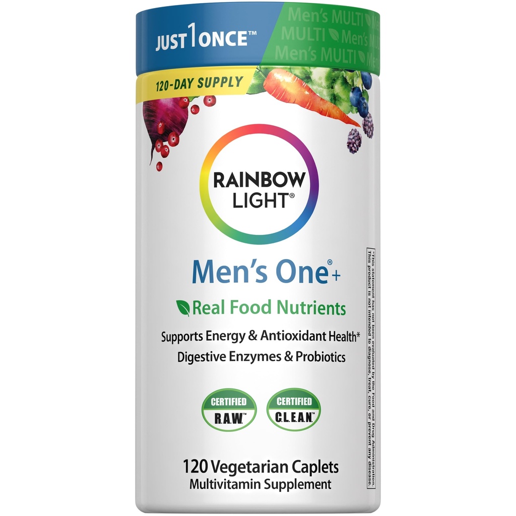 Rainbow Light Mens One Multivitamin, Men 's Daily Multivitamin zapewnia wsparcie immunologiczne wysokiej mocy, z witaminą C, Witamina D i cynku, Wegetarianin, 120 Hrabia