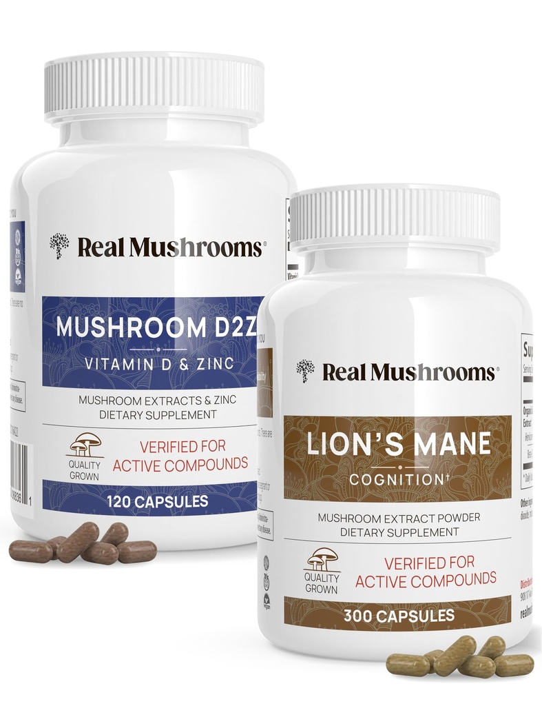 Prawdziwe Grzyby Witamina D2, Cynk, Chaga, Reishi (120ct) i Lwie 's Mane (300ct) Bundle - Immunitet i wsparcie kognitywne, Chelated Cynk dla poprawy wchłaniania - Wegan, Gluten Free, Non-GMO