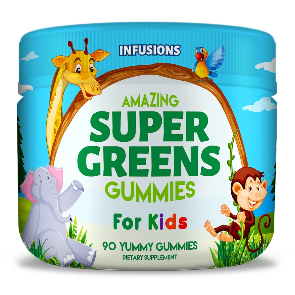 Infusions Super Green Gummies for Kids 90 Count Superfood Booster Soft and Delicious 8 Powerful Blends Vegan Friendly Gluten Free & Non-GMO