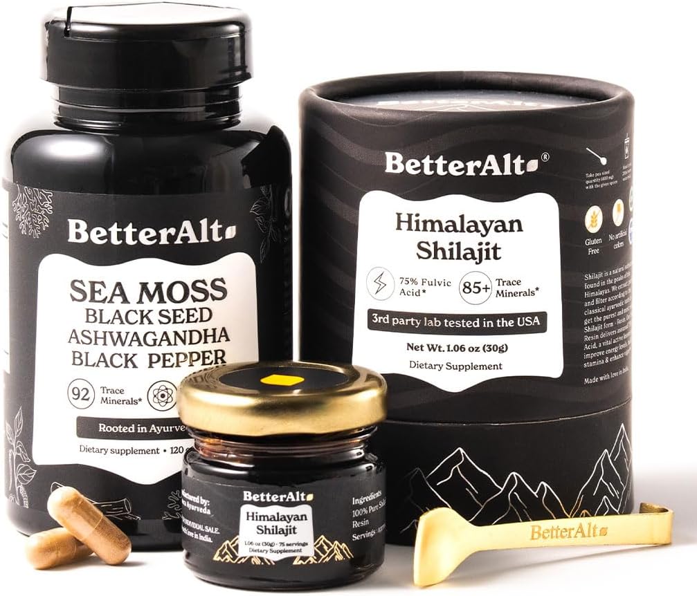 Lepsze Alt Shilajit Resin 30 gm & Sea Moss Kapsułki energii Duo 124; Czysty Himalayan Shilajit Gold Grade dla mężczyzn i kobiet z wysoką potencją i Morza Irlandzkiego Moss z Black Seed Oil