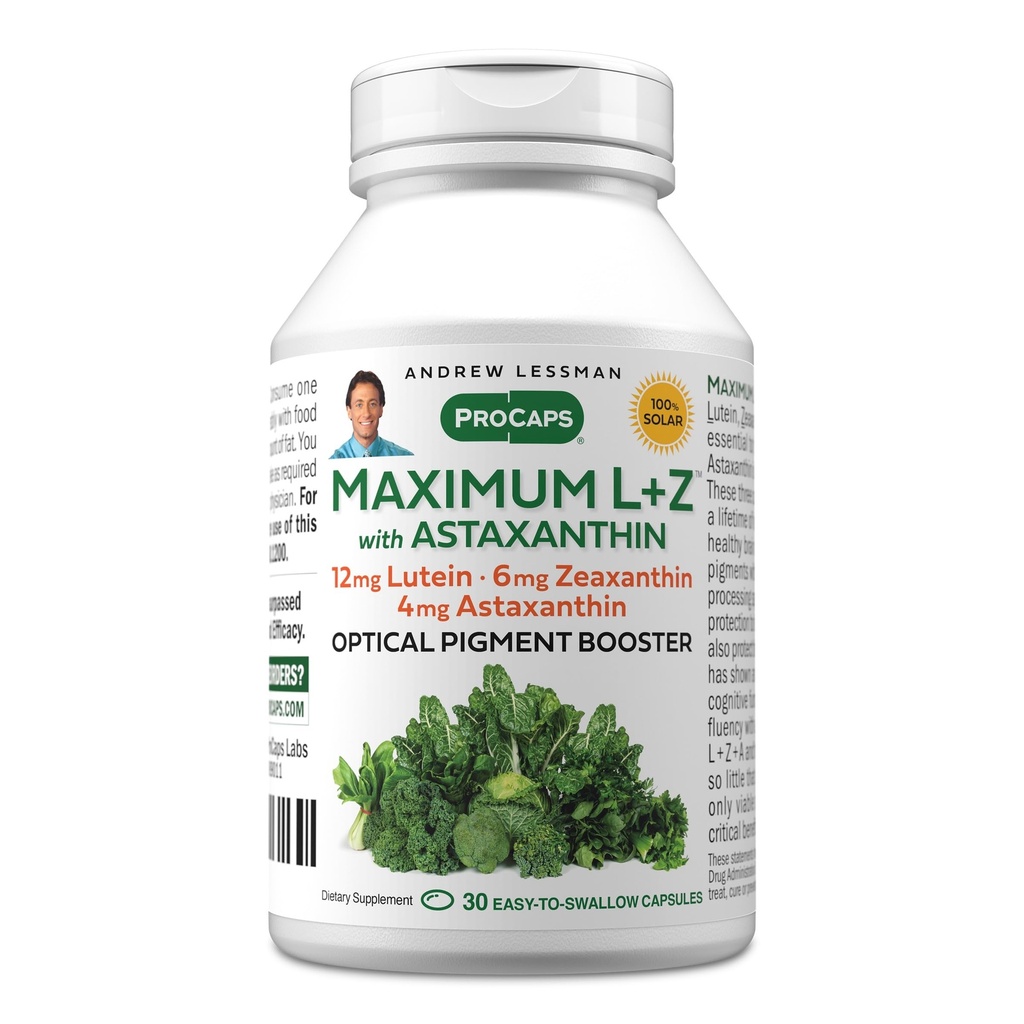 ANDREW LESSMAN Maximum L + Z z Astaksantyną 30 Softgels - 12 mg Luteina, 6 mg Zeaksantyna, 4 mg Astaksantyna. Kluczowe składniki odżywcze wspomagające zdrowie oczu i mózgu oraz promujące zdrowe widzenie.