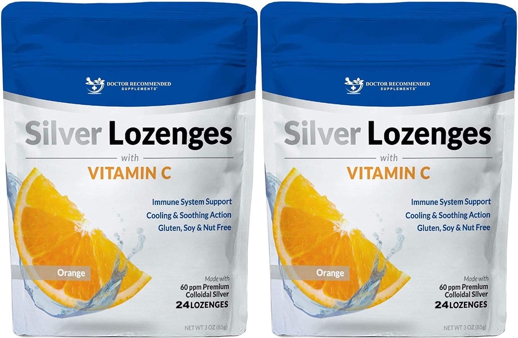 Srebrne Lozenges z witaminą C - Premium Nano Silver 60 PPM Colloidal Silver, Miód organiczny i witaminy C Suplement mineralny krople do wsparcia systemu immunologicznego, Soothe kaszel & gardło - Opakowanie 2