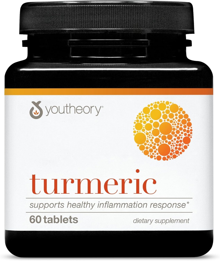 Youtheory Turmeric - 450 mg - z Black Pepper & Olive Leaf - Popiera Joint & Brain Health * - Zawiera Bioenhancers, Curcuminoids & Herbal Extracts - 60 tabletek (20- Day Supply)