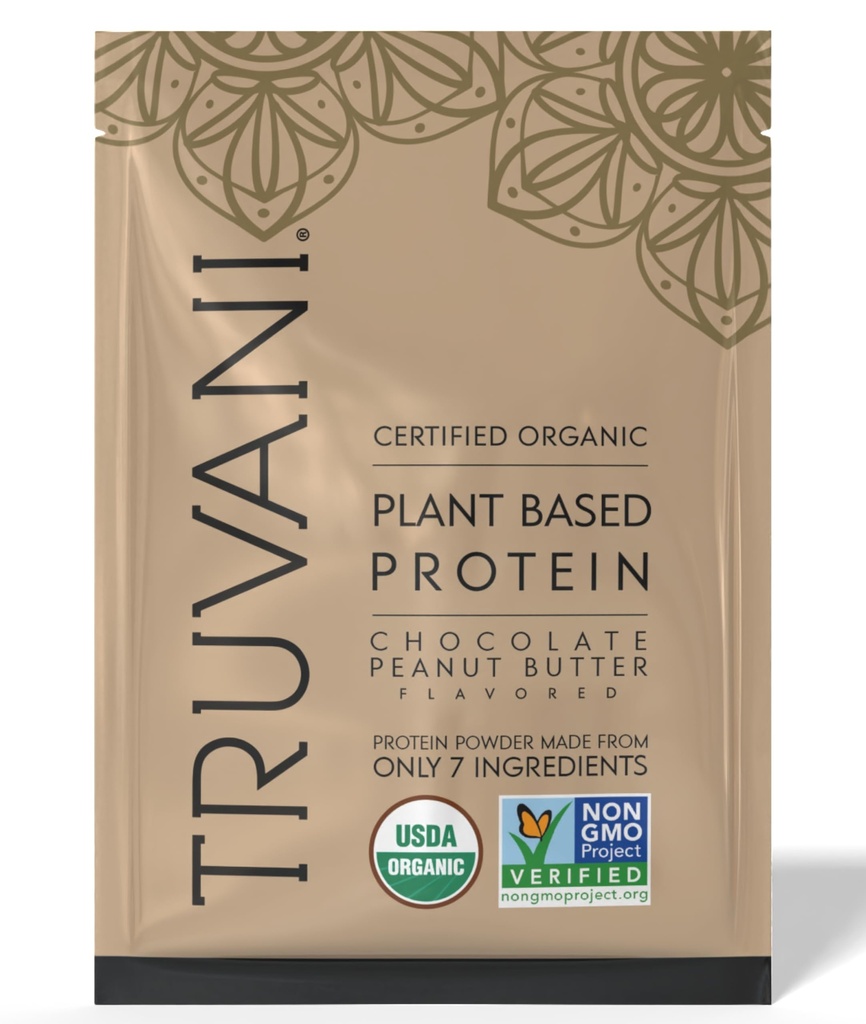 Proszek Truvani Vegan Pea Protein 124; Czekoladowy Masło Peanut 124; 20g Organic Plant Based Protein 124; 1 Podawanie 124; Keto According 124; Gluten & Dairy Free According 124; Niskie węglowodory 124; Nie Dodano cukru