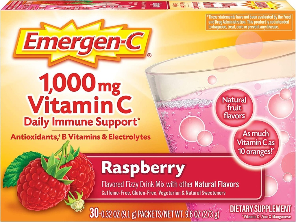 Alacer Emergen- C Witamina C Fizzy Drink Mix Malina - 1000 Mg - 30 Pakiety