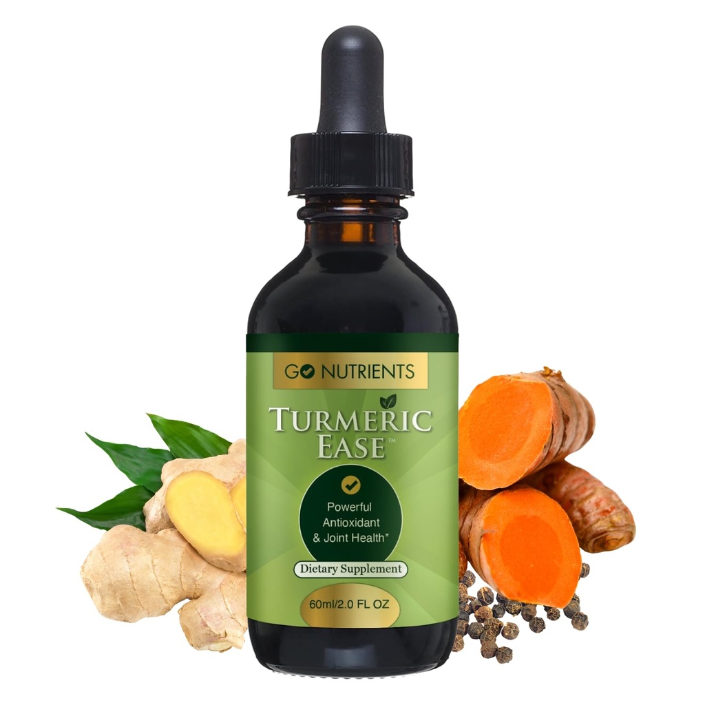 Go Nutrigents Turmeric Ease - Organic Turmeric Supplement with Curcumin, Ginger & Black Pepper - Liquid Drops Extract Tincture for Quick Absorption - Pomaga Joint Health & Immune Defense - 2oz
