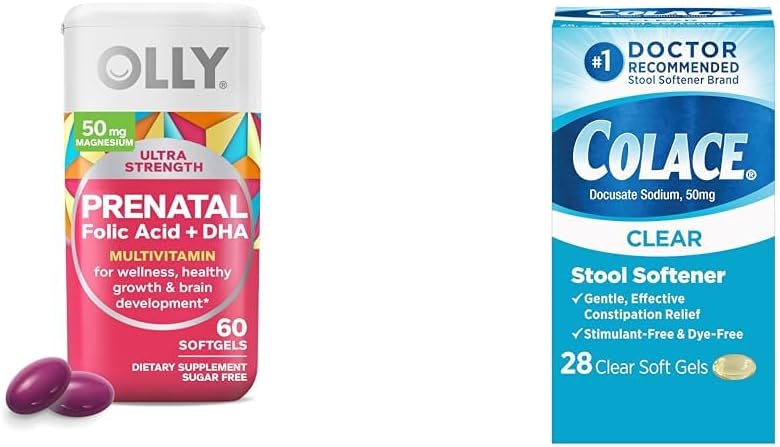 OLLY Ultra Siła Prenatal Multivitamin Softgels with Brain Development Support + Colace Clear Stool Softener Kapsułki, 28 Hrabia