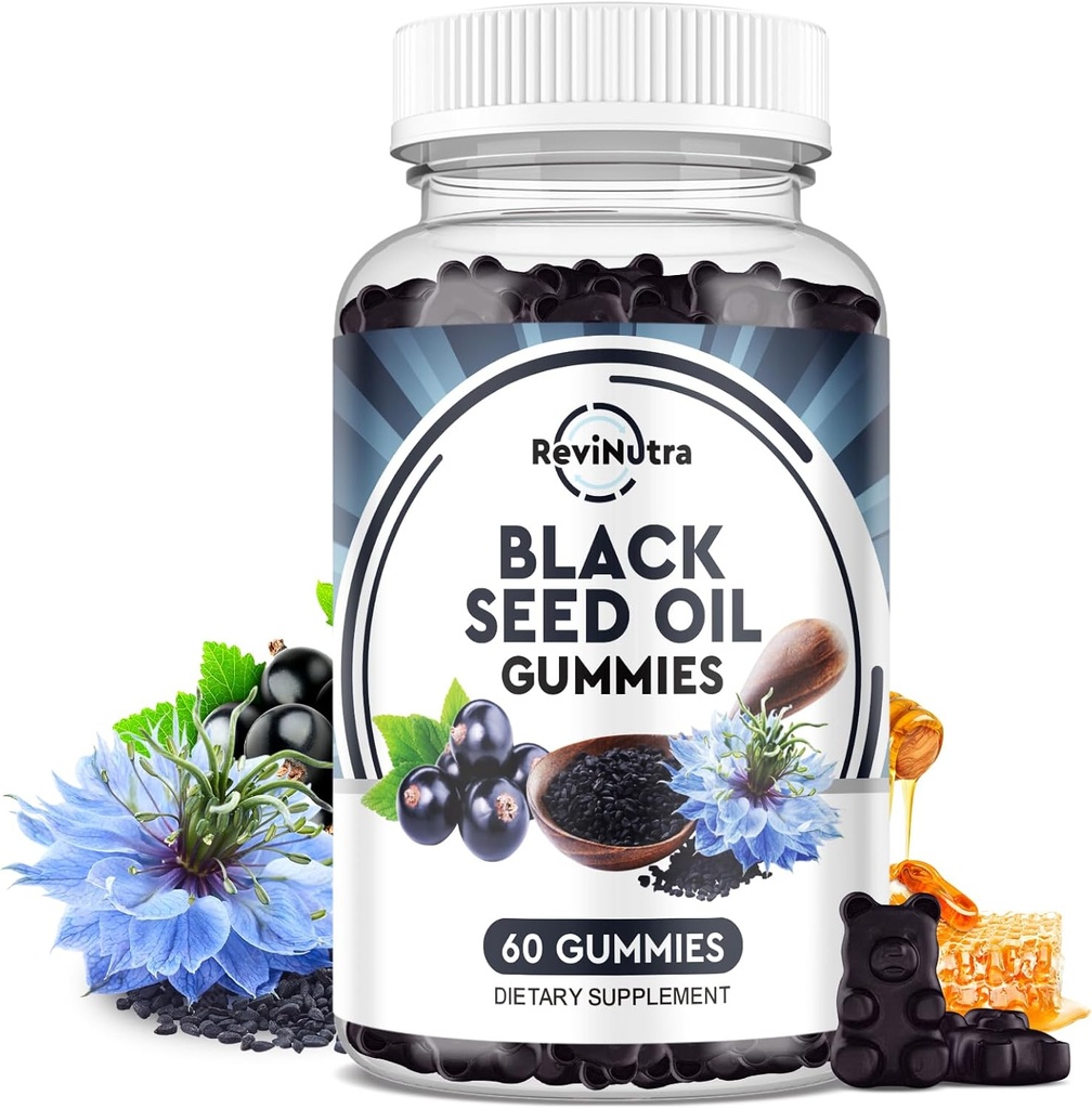 Czarny olej nasienny Gummies- Organiczny zimny tłumiony Nigella Sativa Czarny olej nasienny z miodem, Witamina B6, C, D3, Turmeric, Granat, Immunitet wsparcia, trawienie, Funkcje mózgu, Włosy & Skin- 60 Gummies