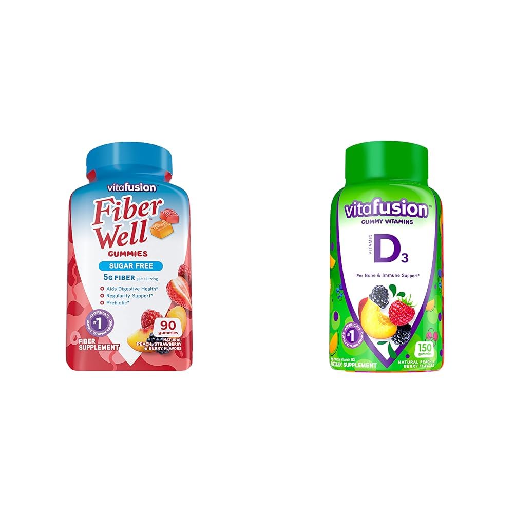 Witafuzja Fiber Well Sugar Free Fiber Supplement & Witamina D3 Gummy Witaminy dla wsparcia kości i układu immunologicznego, Peach, Blackberry i Strawberry Flavored, 50 µg Witamina D, 75 Day Supply, 150 Count