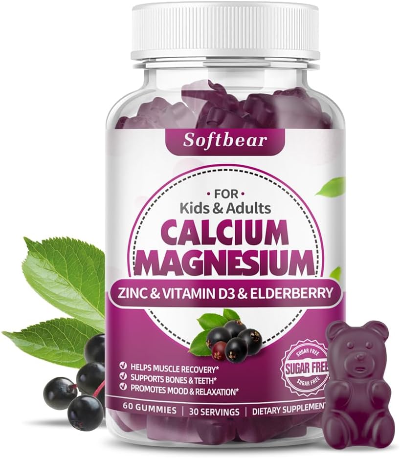 softbear Wapnia Magnezu Gummie cynku dla kobiet, Wysoka Absorpcja Wapnia Magnezu Suplement do kości, Bez cukru, Wegan, Flavor 60 Gummies