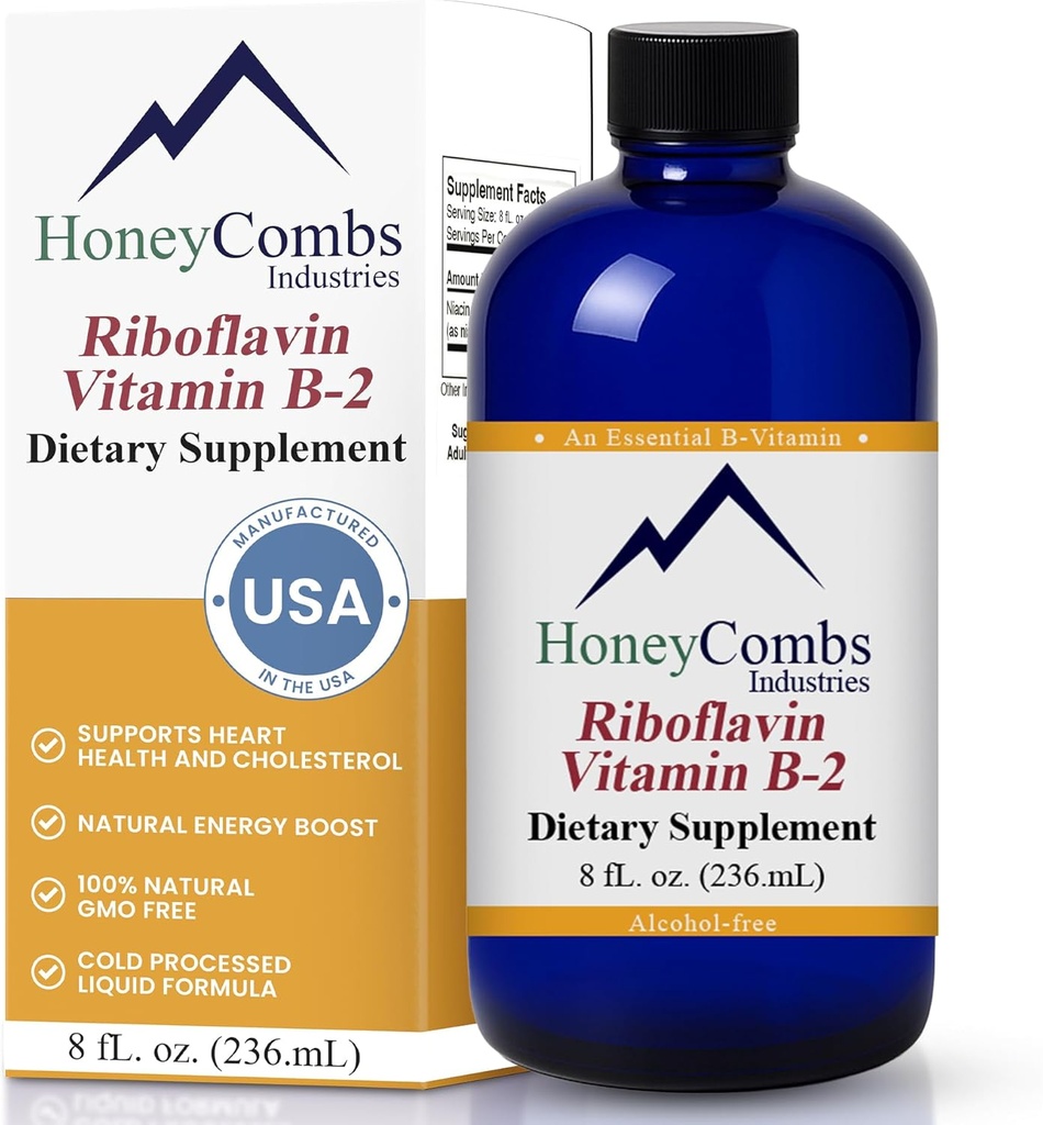 HoneyCombs Witamina B2 Suplement Riboflavin Płynne Krople - Witamina B2 o dużej mocy dla mężczyzn i kobiet - Utrzymanie zdrowej trawienia, Nerwowy system, Włosy, Skóra, Nails - Wegańskie płynne witaminy (8 Fl oz)