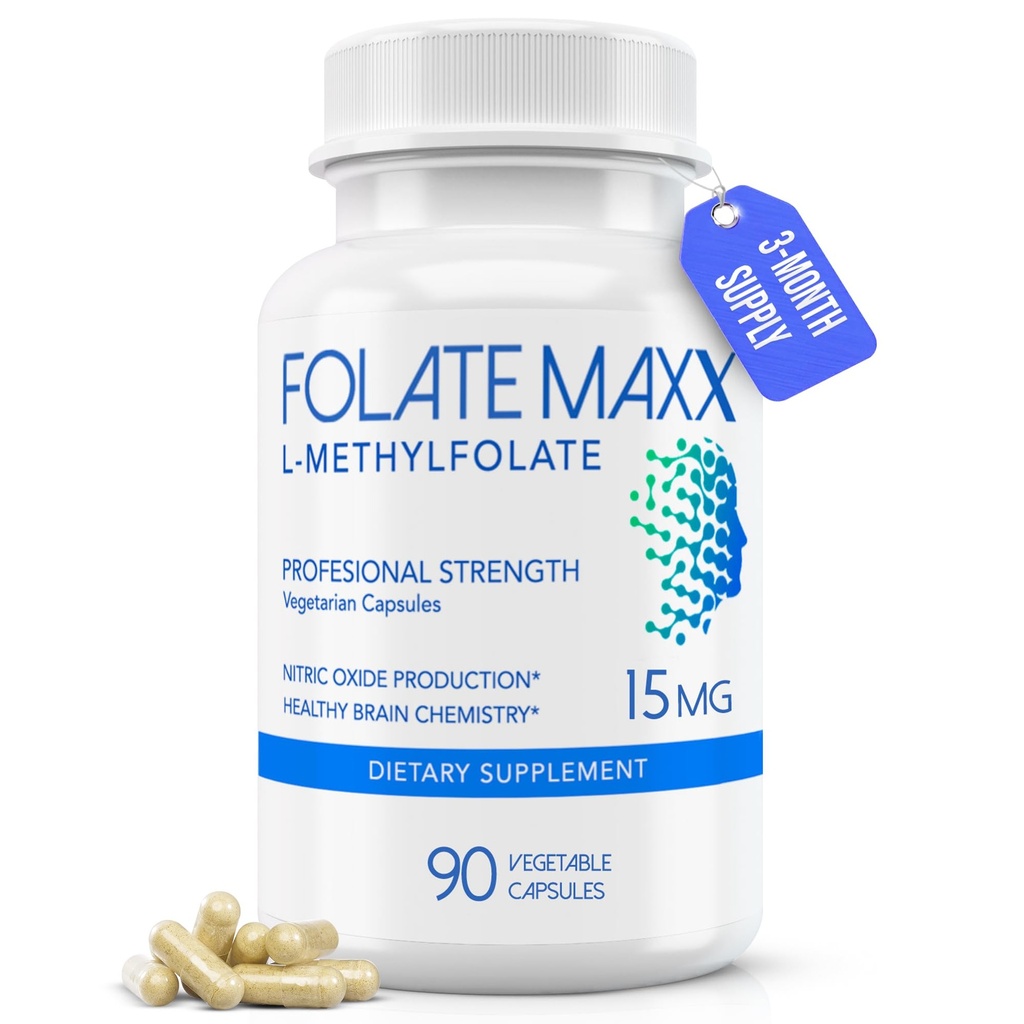 FolateMaxx L- Methylfolate 15 mg 90 Kapsułki Dwudziestoczterokrotnie; Professional Active Methyl Folate 5- MTHF Supplement Dwudziestoczterokrotnie; Methylled Folate for Women & Means Dwudziestomiesięczny; Non-GMO, Gluten Free (3 miesiące dostaw)