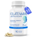FolateMaxx L- Methylfolate 15 mg 90 Kapsułki Dwudziestoczterokrotnie; Professional Active Methyl Folate 5- MTHF Supplement Dwudziestoczterokrotnie; Methylled Folate for Women & Means Dwudziestomiesięczny; Non-GMO, Gluten Free (3 miesiące dostaw)